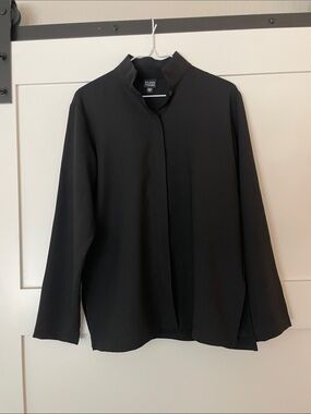 Eileen Fisher Black Wool Mandarin-Collar Button-Front Blouse XS